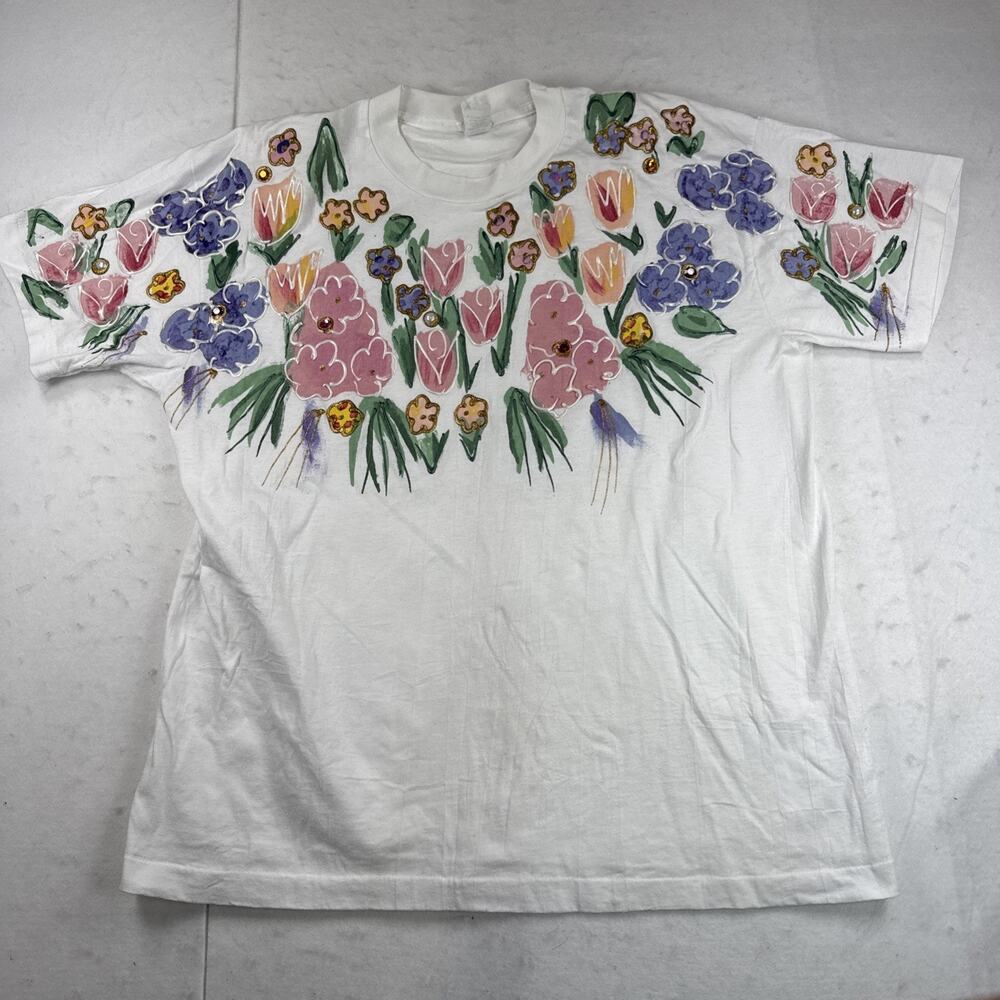VTG India Ink Paintworks Floral Art to Wear Tee Shirt Puff Paint Rhinestone